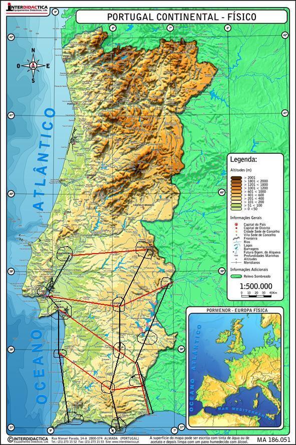 Mapa geográfico representando os distritos de Portugal. Os distritos